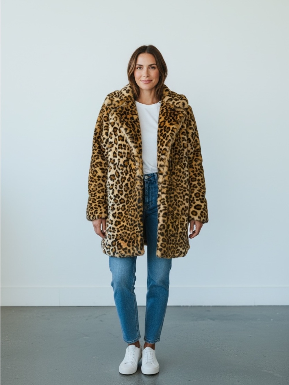 Calvin Klein Brown Leopard Print Faux Fur Coat